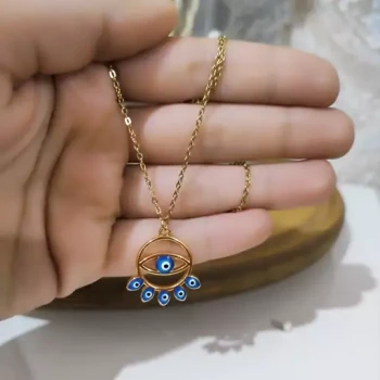 پلاک زنجیرطرح چشم نظرآبی برنداستاینلس استیل رنگ ثابت بدلیجات مشابه طلااکسسوری وزیورآلات دخترانه وزنانه مناسب کادو وهدیه 