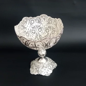 کاسه ملیله مسی پایه دار سایز 2 آبکاری نقره ساخت زنجان با کیفیت عالی 