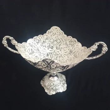 کشکول ملیله مسی پایه دار سایز 4 آبکاری نقره ساخت زنجان با کیفیت عالی 