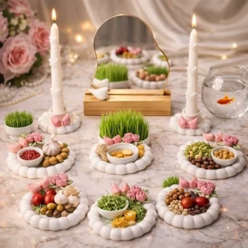 هفتسین سرامیک گل رز    همراه با دو عدد جاشمعی و آینه پایه ترمو  