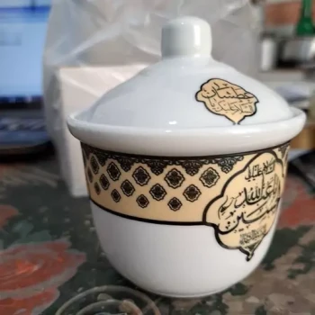 قندان چینی مذهبی قندون نقش یا اباعبدلله الحسین یا فاطمه الزهرا مناسب محرم و فاطمیه طرح محرم 