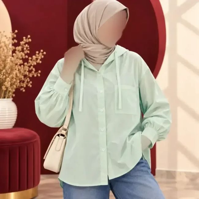شومیز زنانه کلاهدار چهارفصل نخ کتان صابونی دکمهدار فری سایز
