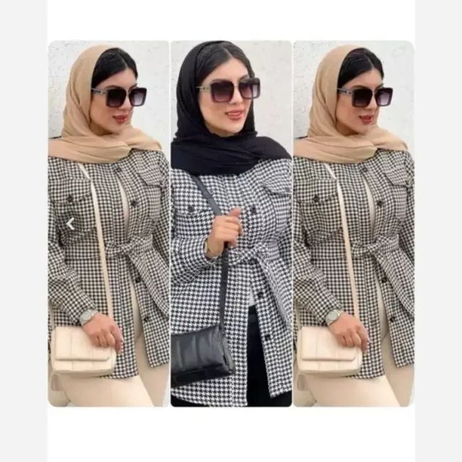 مانتو پشمی کمربنددار ثریا پاییزه و زمستانه چهارخونه پیچازی موهر دار فری سایز