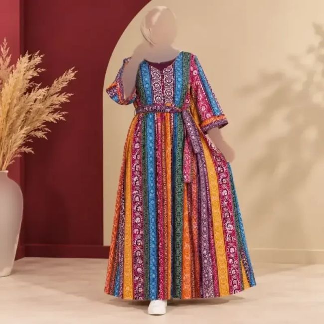 پیراهن ساحلی زنانه هندی سنتی مدل پنجابی فری سایز با کمربند جنس نخ وارداتی