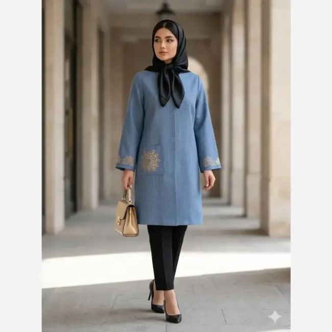 مانتو زنانه شانتون اسلپ گلدوزی شده مدل راز قد 91 سایز بزرگ تا 56