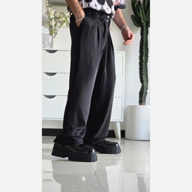 شلوار بگ پارچه ای زنانه مدل پیله دار جنس کاترین رنگ مشکی سایز L تا 3XL
