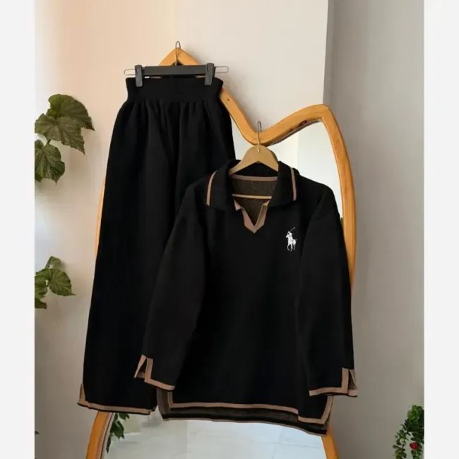 ست بافت بلوز شلوار یقه دار پلو درجه یک فری سایز