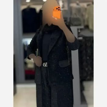 کت شلوار مخمل زنانه یقه انگلیسی نگین دار شلوار فول بگ