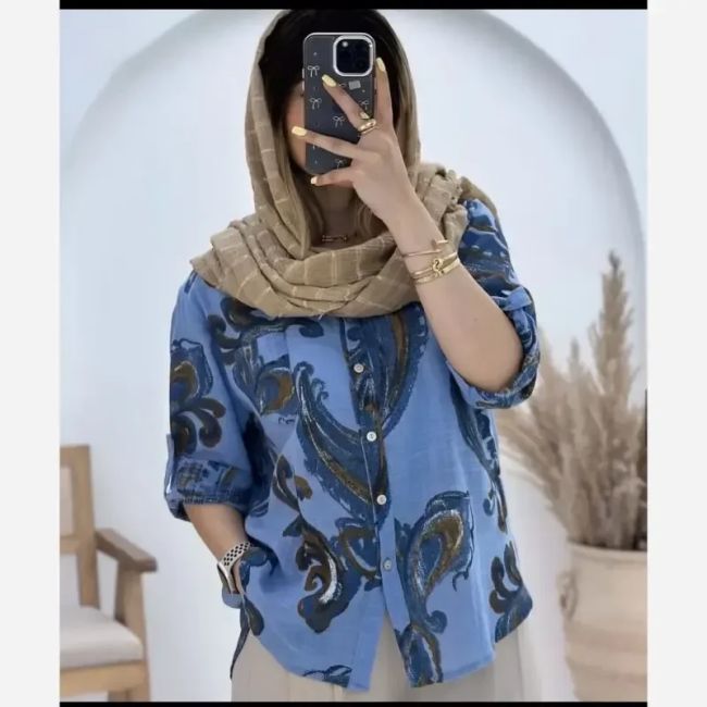 شومیز مانتویی ایتالیایی جنس کراس حصیری اعلا فری سایز آبی قهوه ای