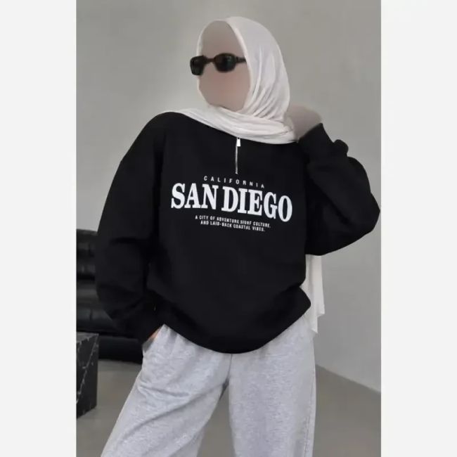 دورس نیم زیپ اسپرت زنانه پسرانه SANDIEGO جنس دورس سه نخ گرم بالا درجه یک رنگ مشکی سبز زیتونی فری سایز