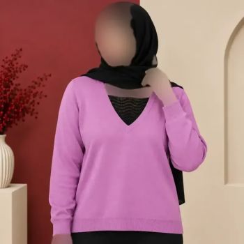 بلوز زنانه بافت وارداتی یقه هفت گیپور دار فری سایز
