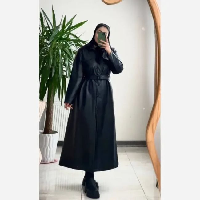 پالتو چرم زنانه بلند مدل اتوسا رنگ قهوه ای و مشکی سایز 36 تا 46