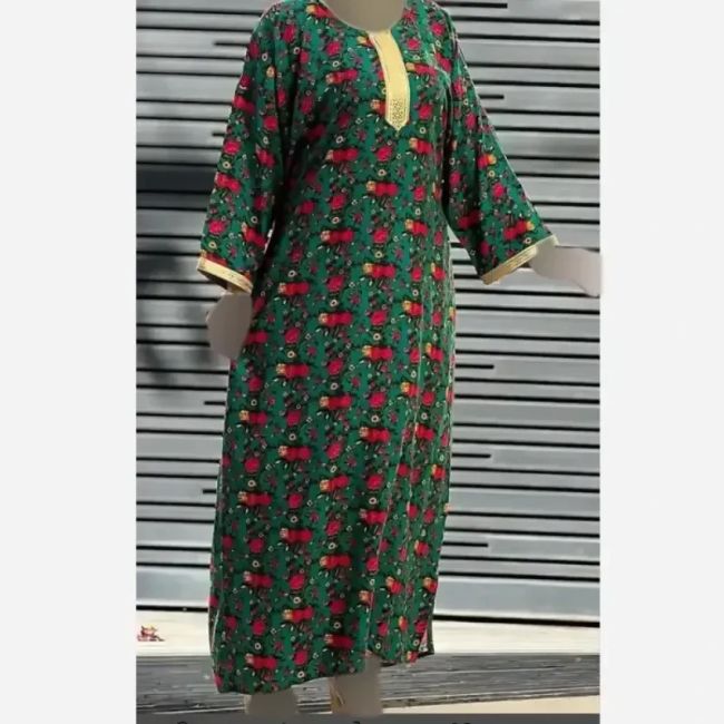 پیراهن ساحلی نخی یقه طلا کوب زنانه و دخترانه فری سایز