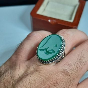 انگشتر نقره مردانه عقیق سبز با حکاکی دست استاد فتح عیار 925 (2)