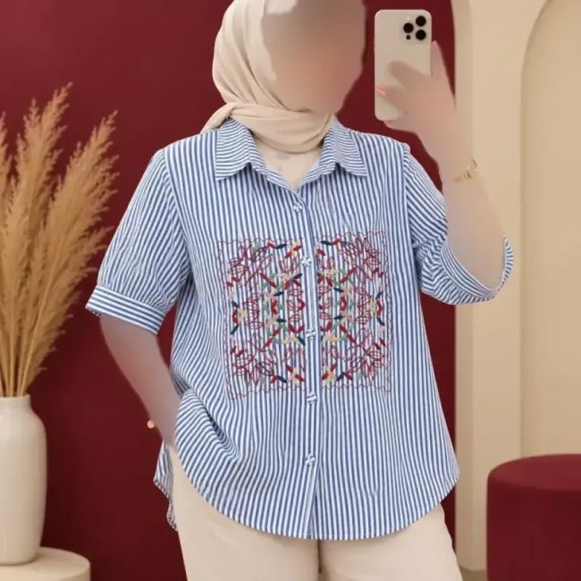 شومیز زنانه راه راه گلدوزی شده وارداتی دکمه دار فری سایز نخ وارداتی