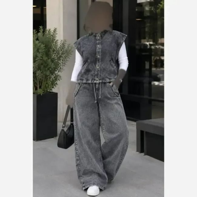 ست وست و شلوار جین زنانه مدل دلین سنگشور شده فول بگ گت دار