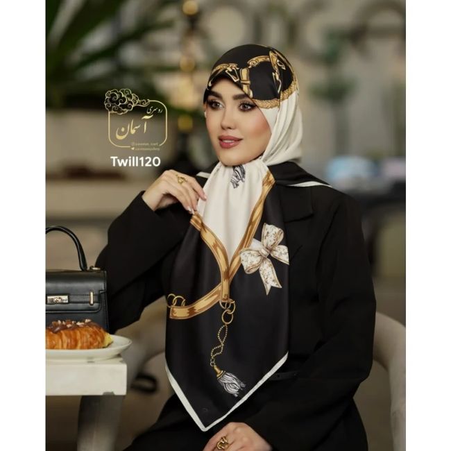 روسری ساتن ابریشم طرح پاپیون قواره 140 توییل مجلسی