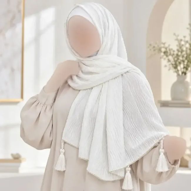 شال سفید نخی منگوله دار قواره 190 در 55 سانت