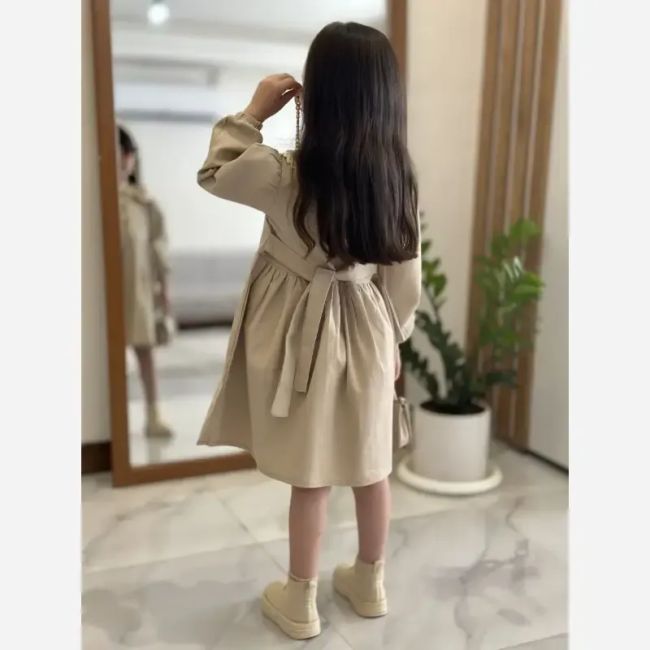 سارافون پیراهن گلدوزی دخترانه کتان کج راه رنگ کرم