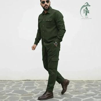 ست پیراهن و شلوار کتان مردانه مدل یاشیل رنگ سبز لجنی