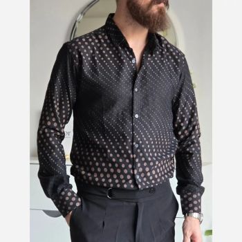 پیراهن مردانه آستین بلند مشکی طرحدار پارچه سارینا سایز M تا XXL