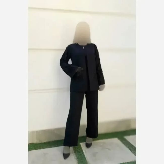 کت و شلوار زنانه طرح لاله جنس مازراتی و آستین فکورا رنگ مشکی