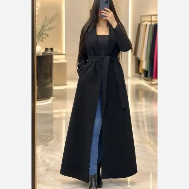 پالتو زنانه فوتر کوبیده بلند مدل شانا با کمربند رنگبندی متنوع