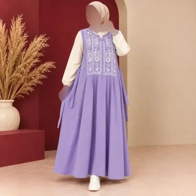 پیراهن ساحلی زنانه حلقهای لینن یقه چاپ الهه فری سایز کمربنددار