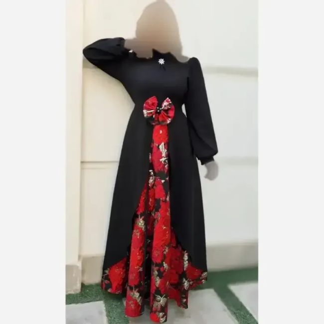 پیراهن مجلسی زنانه طرح هلینا کرپ مازراتی و ژاکارد ترک رنگ مشکی دامن قرمز سایز 5