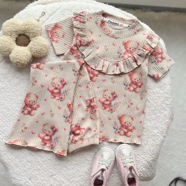 بلوز و شلوار راحتی دخترانه طرح تدی جنس ریلی خنک و تابستانه