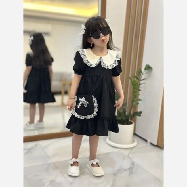 ست 4 تیکه دخترانه پیراهن لنین به همراه کیف و 2 گیره مو سایز 2 تا 8 سال