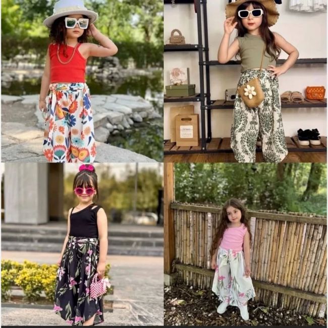 ست تابستانه دخترانه کراپ تاپ و شلوار بوگاتی سایز 2 تا 8 سال