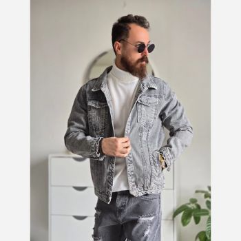 کت جین مردانه پارچه ترک رنگ طوسی تمام کش و قواره دار سایز M تا XXL