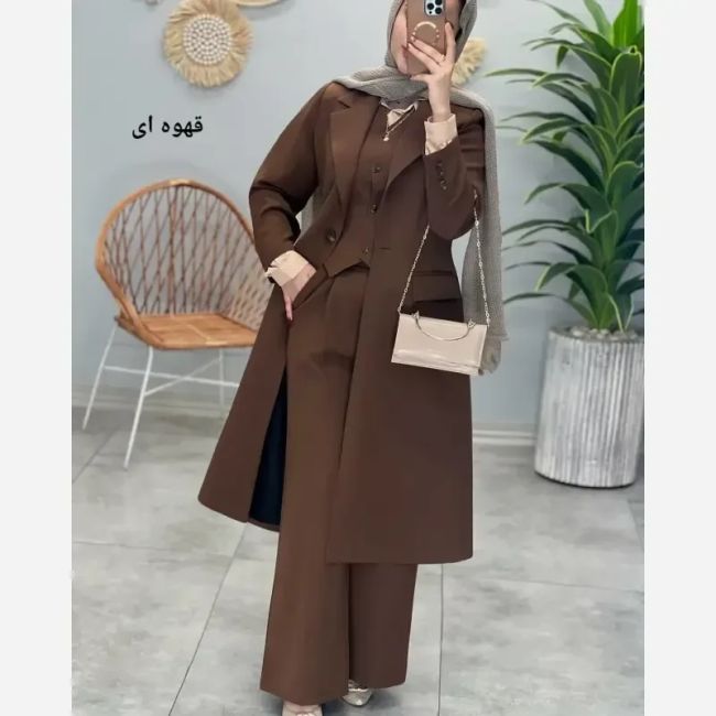 ست سه تکه مانتو شلوار و جلیقه زنانه جنس کرپ سوپر دبل باربی کجراه