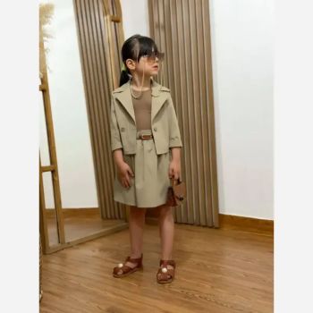 ست پاییزه دخترانه 4 تکه کت و دامن و تاپ و کمربند مناسب 1 تا 3 سال کتان زارا و فانریپ پنبه