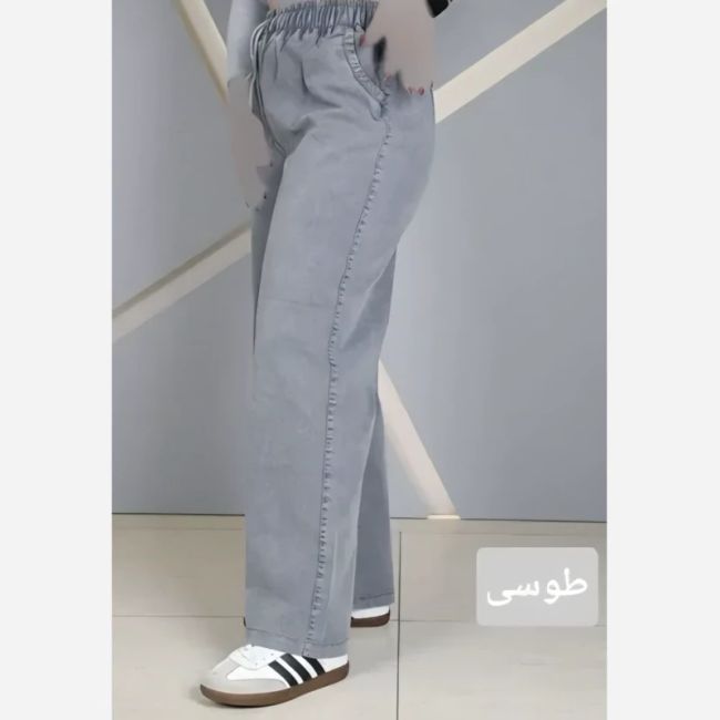 شلوار زنانه بگ جین کاغذی طوسی کمر کش قد 100