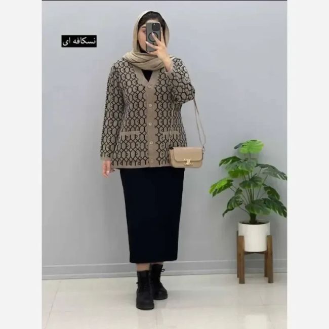 ژاکت بافت مخملی یقه هفت جیب دار فری سایز
