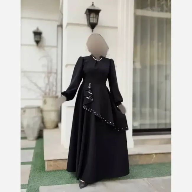 پیراهن مجلسی زنانه کرپ مازراتی مدل ستاره به همراه تل اسکارف و سنجاق یقه