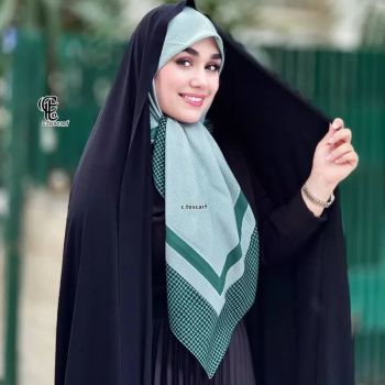 روسری نخ کاستوم طرح کاملیا قواره بزرگ سایز 140 کرم قهوه ای سبز دور دوخت