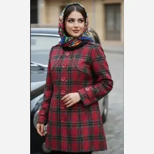 کت پالتویی وارداتی چهارخونه آستردار کشمیری یقه گرد