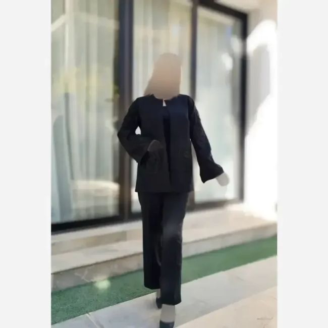 کت و شلوار زنانه طرح لاله جنس مازراتی و آستین فکورا رنگ مشکی