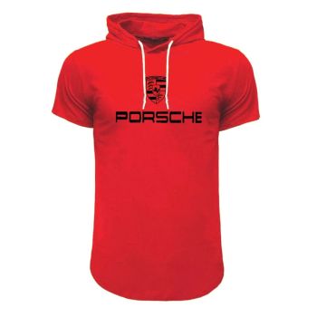 تیشرت کلاه دار مردانه طرح Porsche مدل F8057 مشکی قرمز سفید