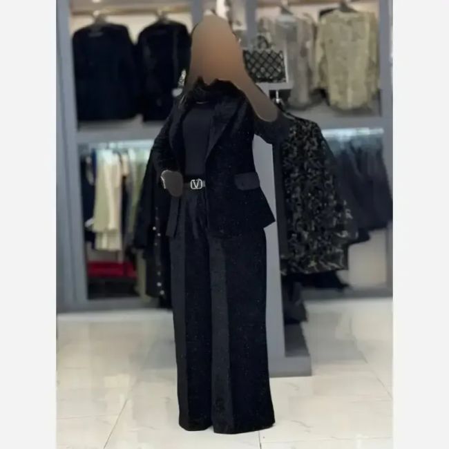 کت شلوار مخمل زنانه یقه انگلیسی نگین دار شلوار فول بگ