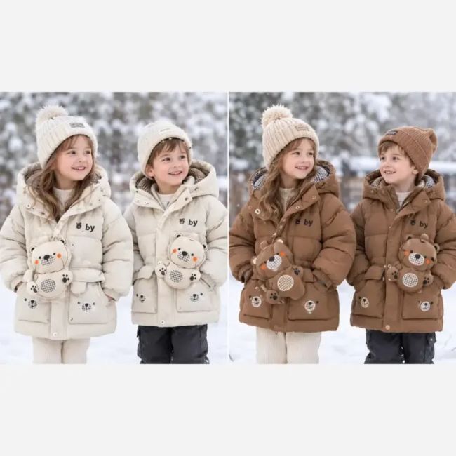 کاپشن بچگانه وارداتی ضخیم کلاهدار با کیف همراه رنگ کرم و قهوه ای مناسب 2 تا 6 سال