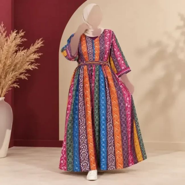 پیراهن ساحلی زنانه هندی سنتی مدل پنجابی فری سایز با کمربند جنس نخ وارداتی