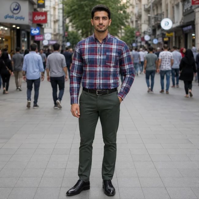 پیراهن آستین بلند مردانه نخی چهارخانه قواره آزاد