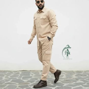 ست پیراهن و شلوار کتان مردانه مدل یاشیل رنگ نخودی