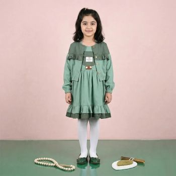 ست سارافون و کت دخترانه کتان سبز مدل پایین چین دار