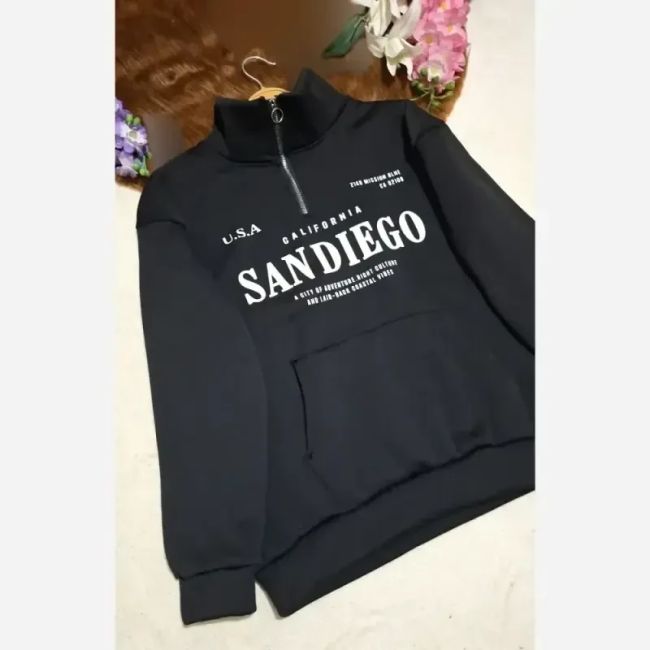 دورس نیم زیپ اسپرت زنانه پسرانه SANDIEGO جنس دورس سه نخ گرم بالا درجه یک رنگ مشکی سبز زیتونی فری سایز