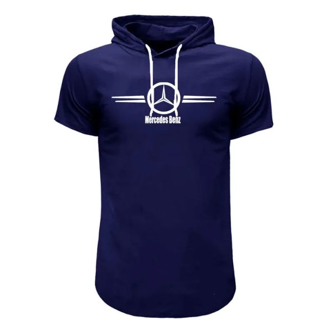 تیشرت کلاه دار مردانه سورمه ای طرح بنز آستین کوتاه نخی سایز L XL 2XL